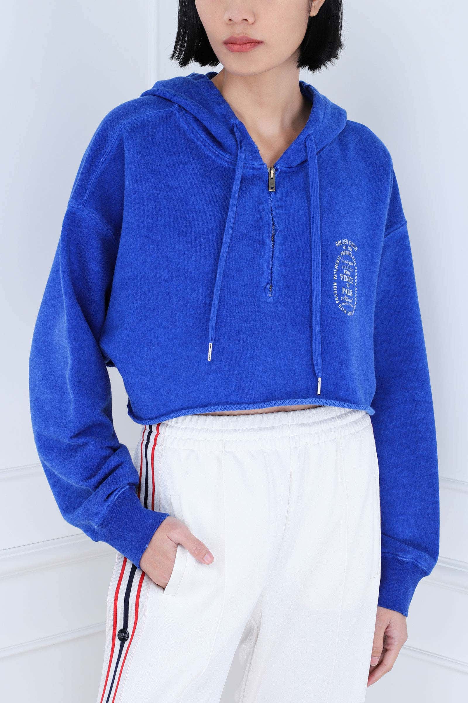 Mazarine Blue Cropped Zip Up Hoodie