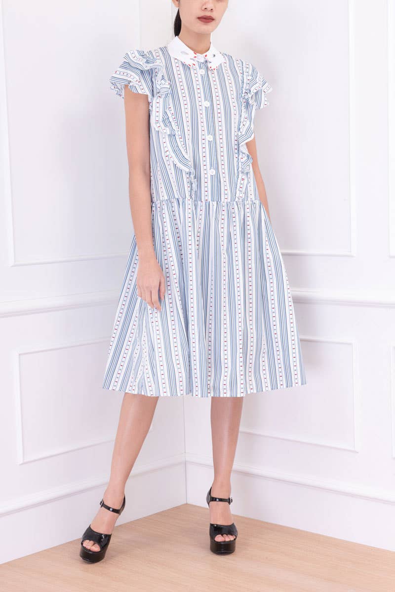 Printed Stripes Hand Embroidered Collar Dress